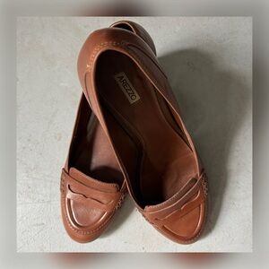 AREZZO Almond Toe Block Heel Leather Penny Loafer in Cognac Brown